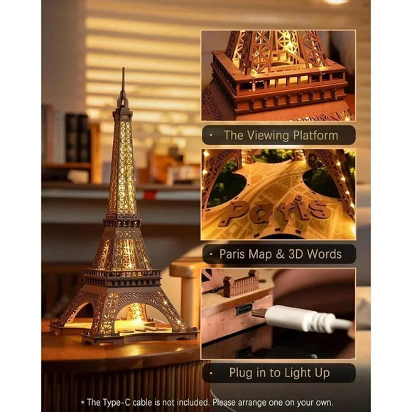 Puzzle for Adults Model Building Kit with LED Light Wooden Eiffel Tower - Picture 3 of 9